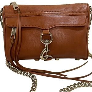 Rebecca Minkoff Dark Tan Leather Crossbody Bag with Goldtone Hardware/Chain